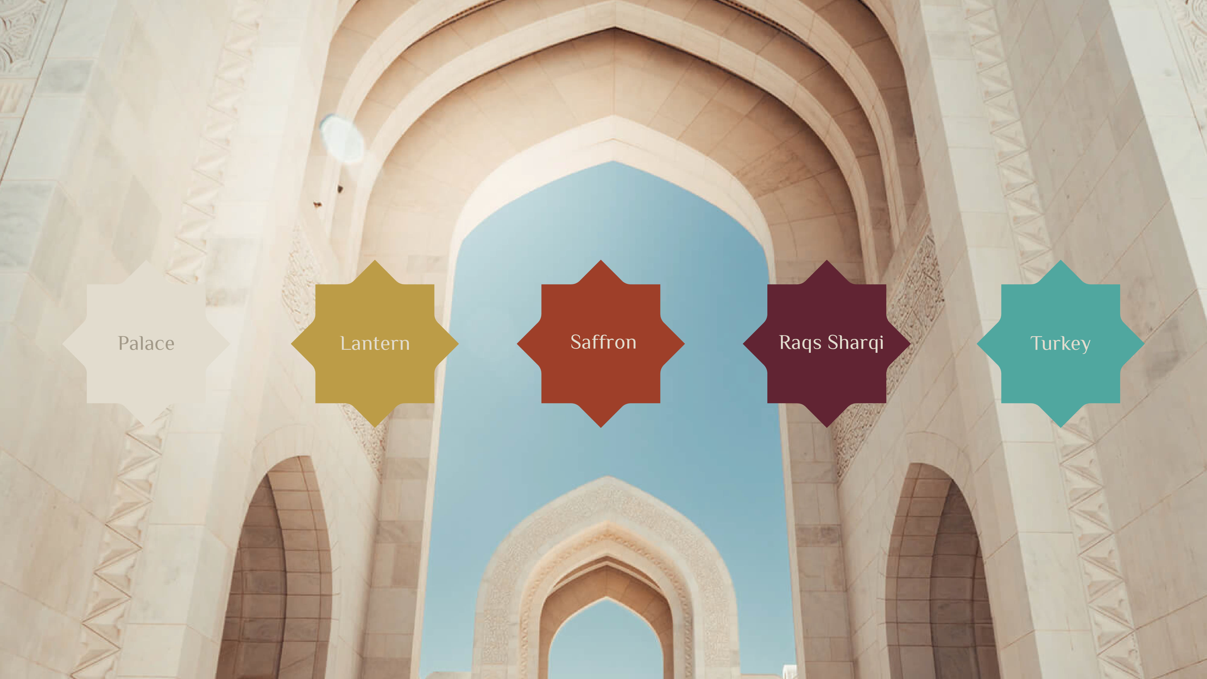 Paleta cromática — Palace, Lantern, Saffron, Raqs Sharqi, Turkey