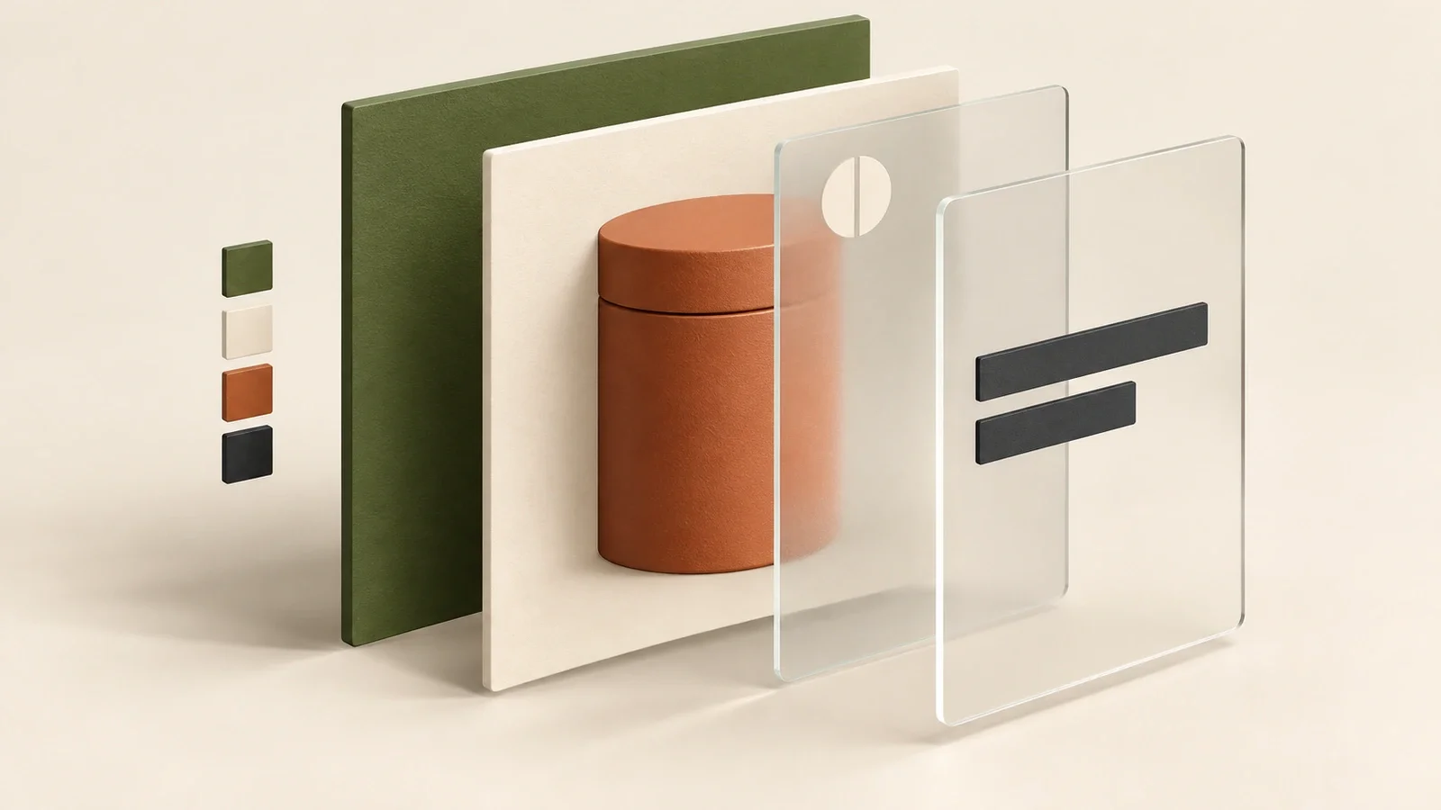 Diseño de marca armado por capas: fondo, producto, logo y texto
