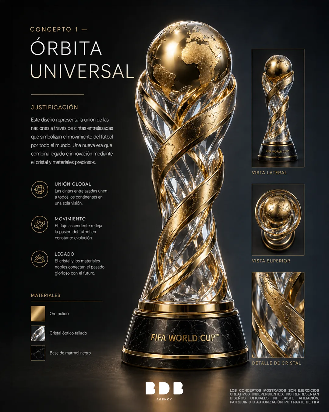 Concepto 1, Órbita Universal: cintas doradas entrelazadas sobre estructura de cristal que sostienen un globo terráqueo