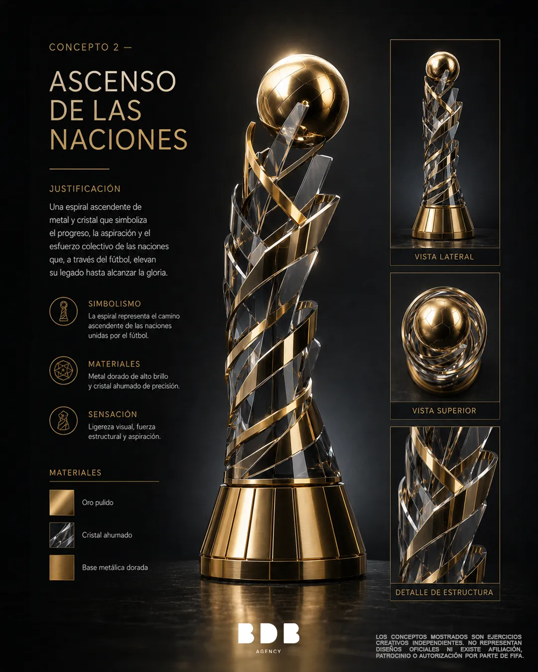 Concepto 2, Ascenso de las Naciones: fragmentos de cristal ahumado y metal dorado que ascienden hacia una esfera
