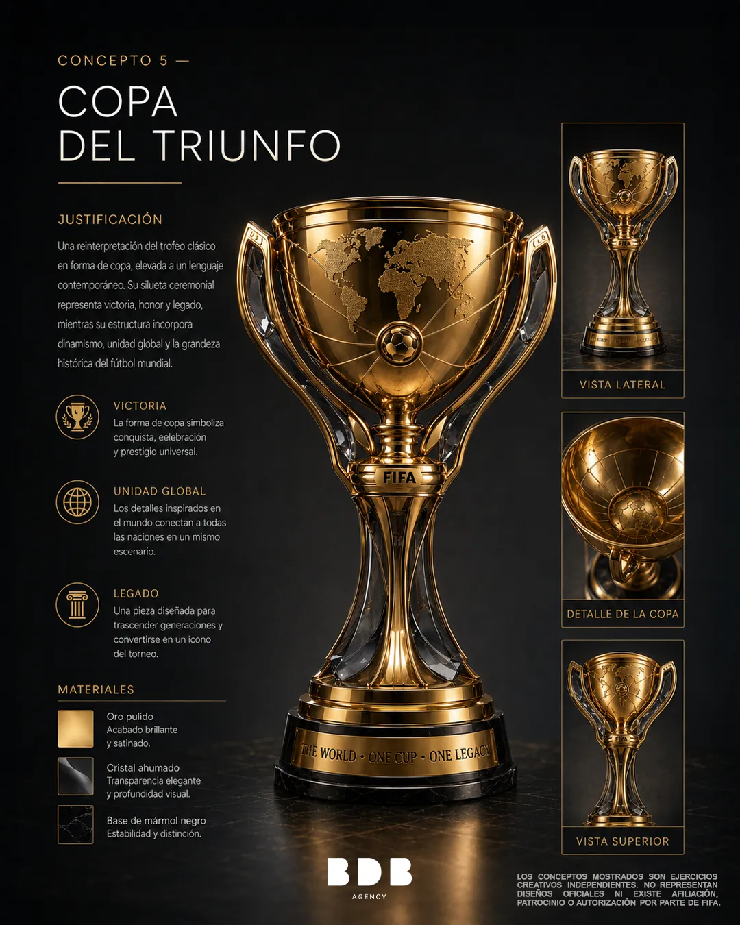 Concepto 5, Copa del Triunfo: reinterpretación contemporánea de la copa clásica en oro pulido y cristal ahumado