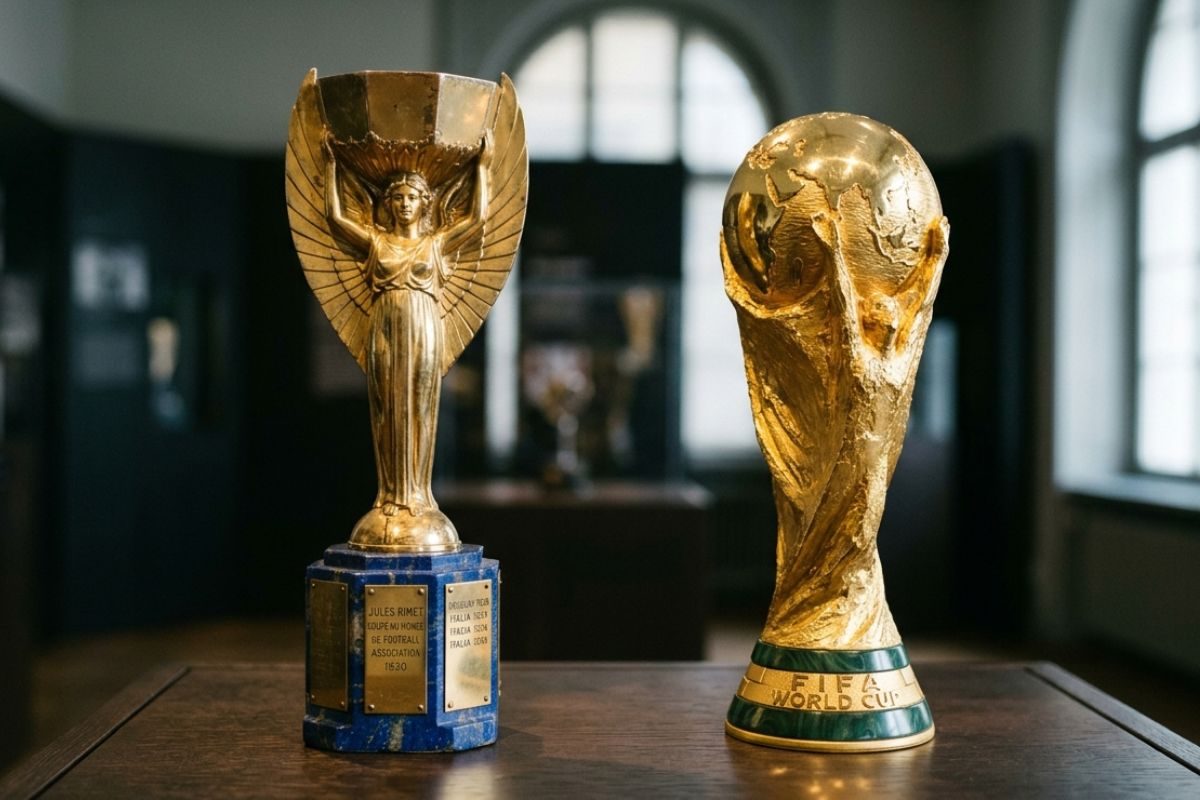 El trofeo Jules Rimet junto al trofeo actual de la Copa del Mundo diseñado por Silvio Gazzaniga