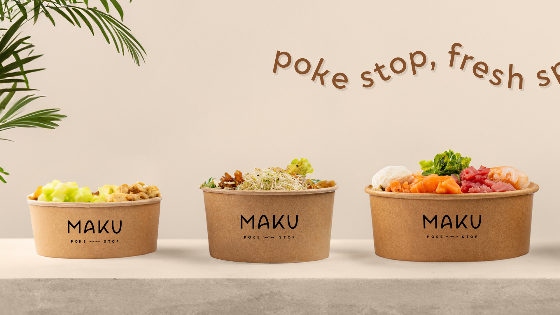 Poke stop, fresh — Tres bowls con branding Maku