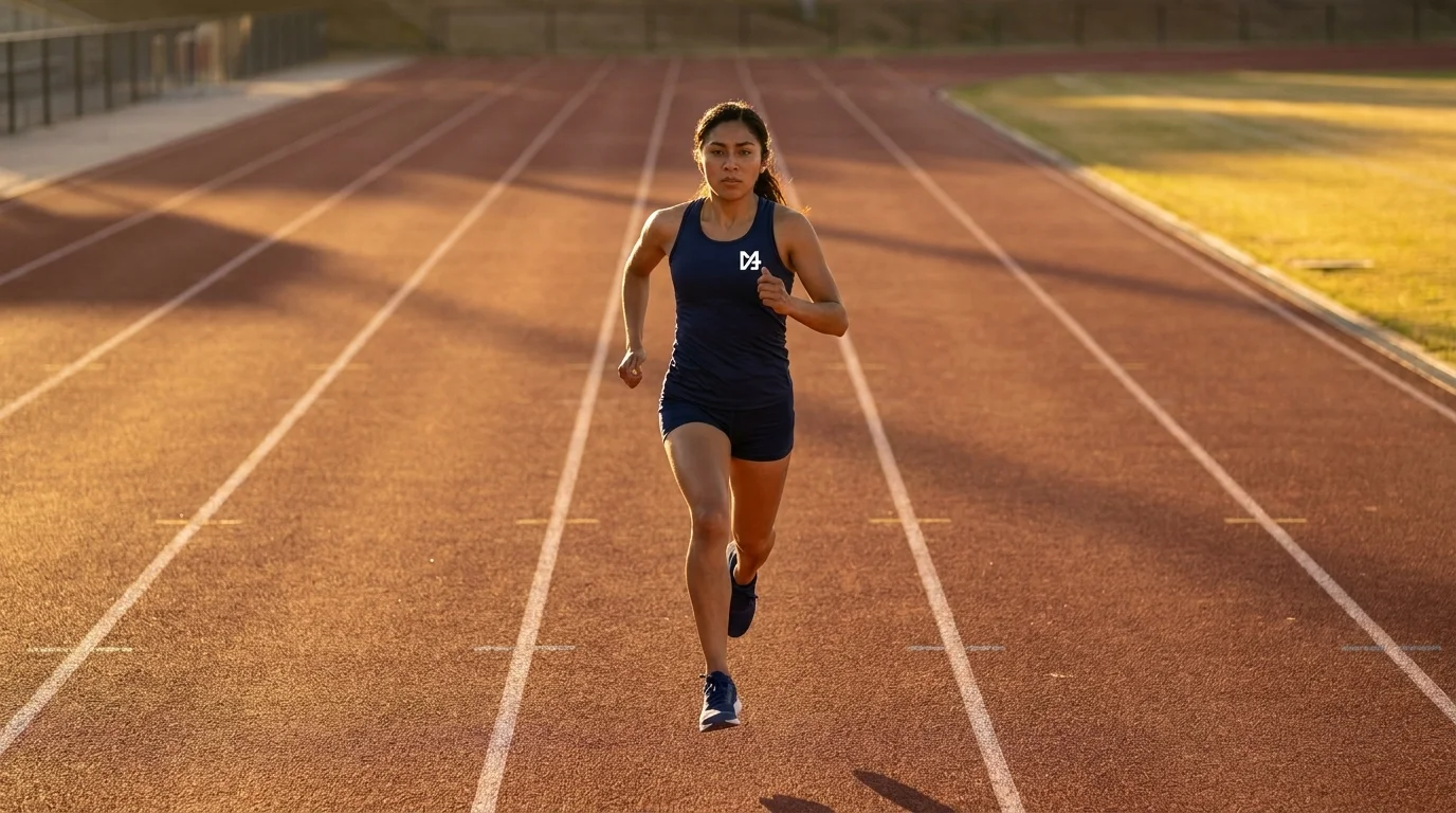 Campaña — atleta en pista con el isotipo M+A