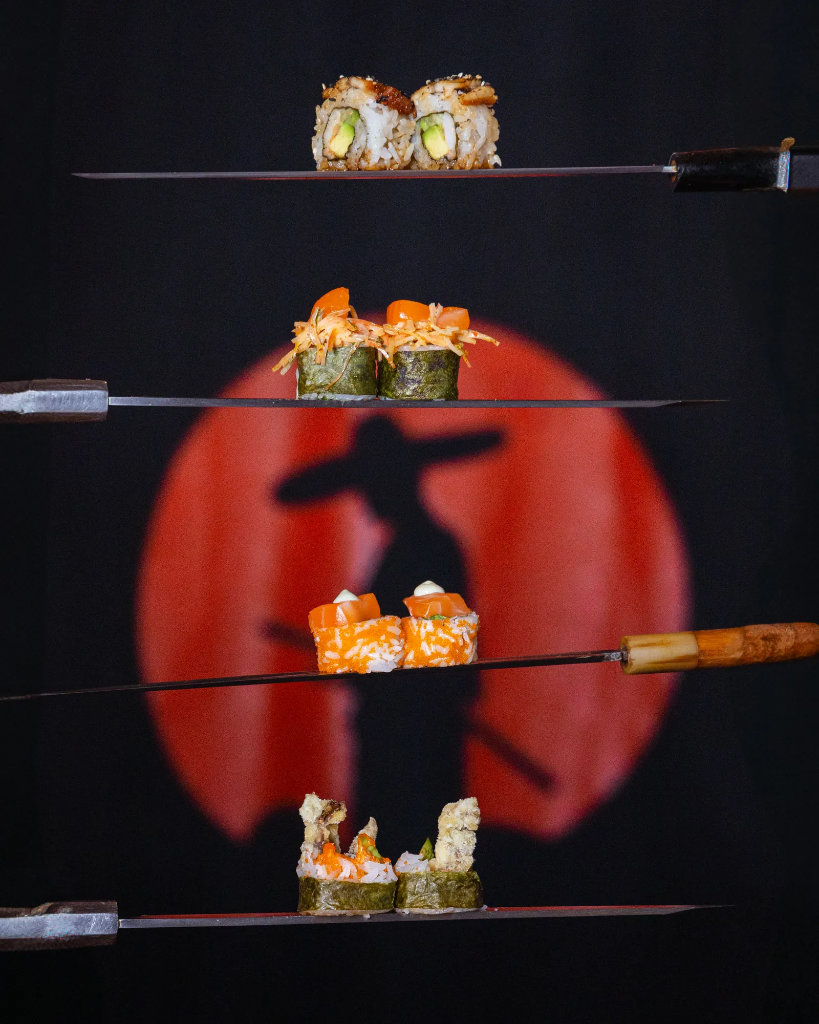 Sushi rolls served on katanas, food photography